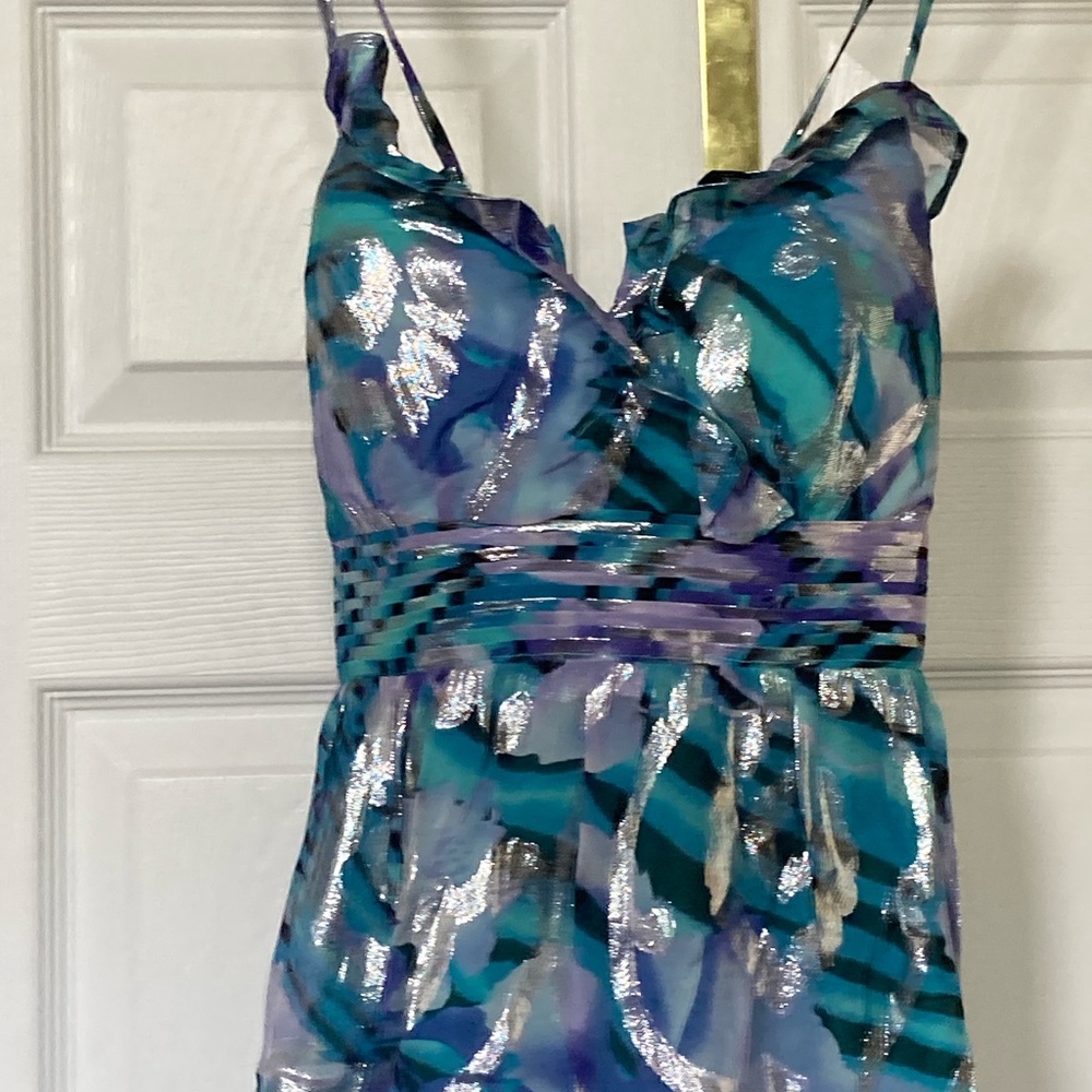 Ole Cassini Blue Teal Floral Maxi Dress with Silver Accents NWT